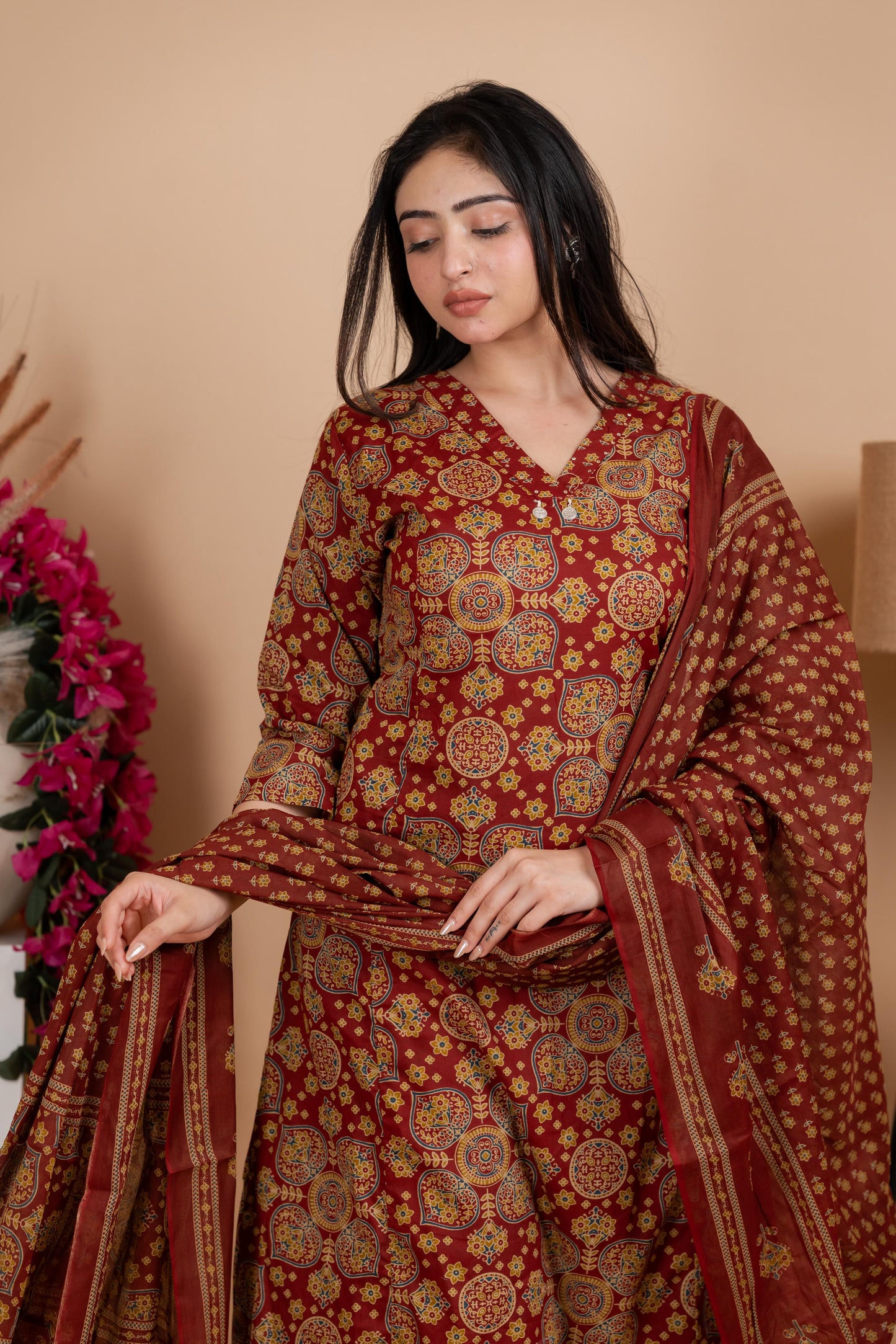 Olive Brown Jaipuri Cotton A-Line Suit Set - Daily & Ethnic Wear