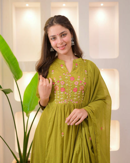 Olive Green Cotton Anarkali Suit Set with Floral Thread Embroidery – Daily & Festive Wear