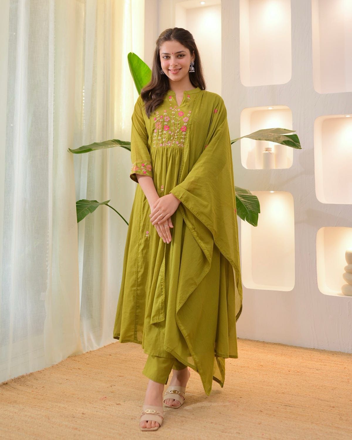 Olive Green Cotton Anarkali Suit Set with Floral Thread Embroidery – Daily & Festive Wear