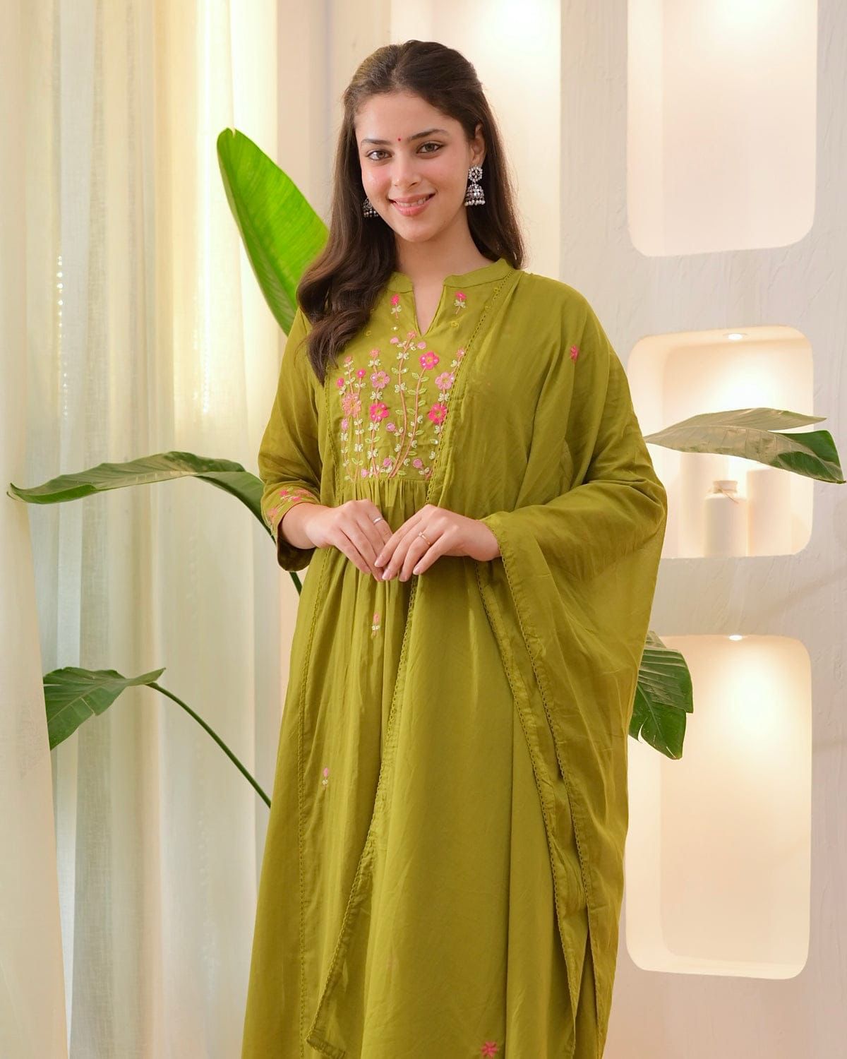 Olive Green Cotton Anarkali Suit Set with Floral Thread Embroidery – Daily & Festive Wear
