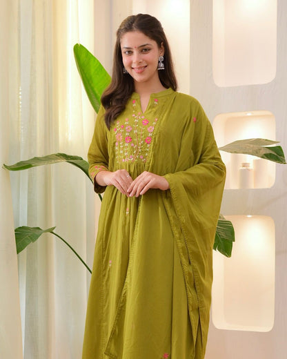 Olive Green Cotton Anarkali Suit Set with Floral Thread Embroidery – Daily & Festive Wear