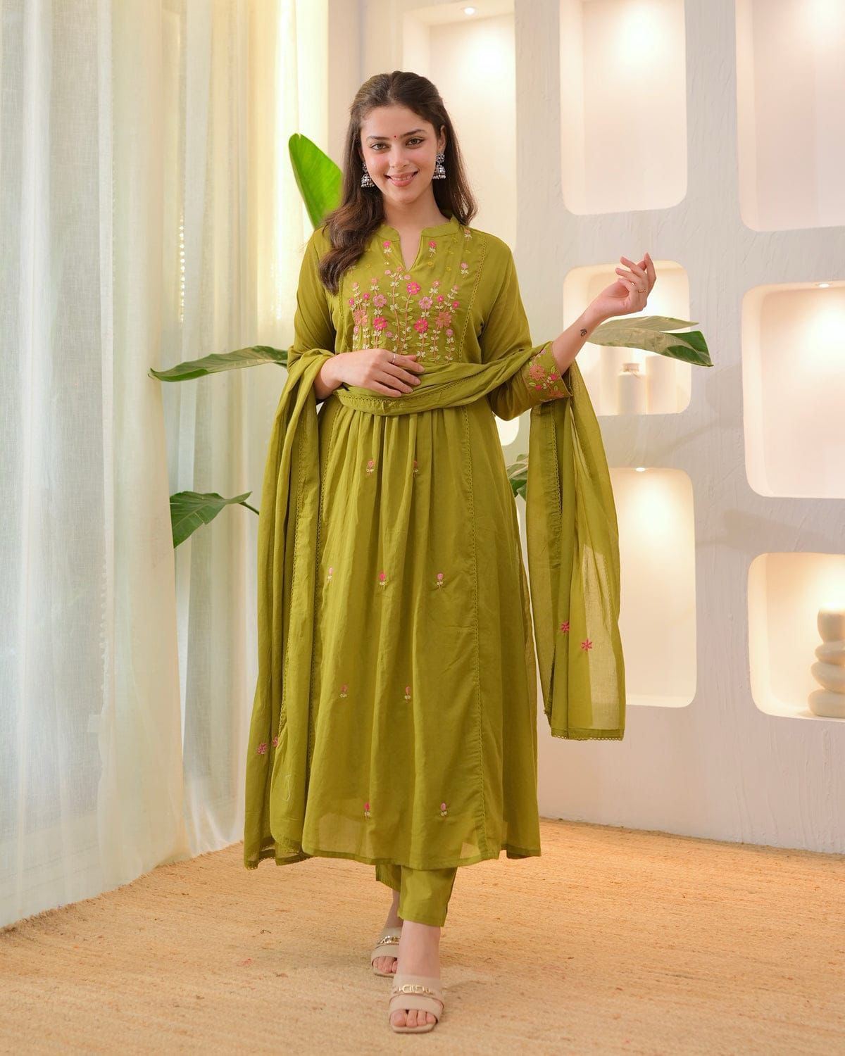 Olive Green Cotton Anarkali Suit Set with Floral Thread Embroidery – Daily & Festive Wear