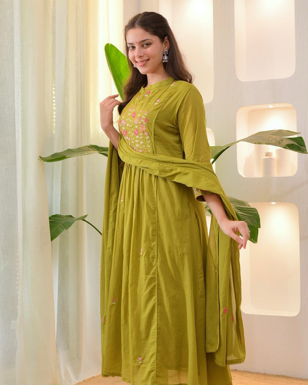 Olive Green Cotton Anarkali Suit Set with Floral Thread Embroidery – Daily & Festive Wear