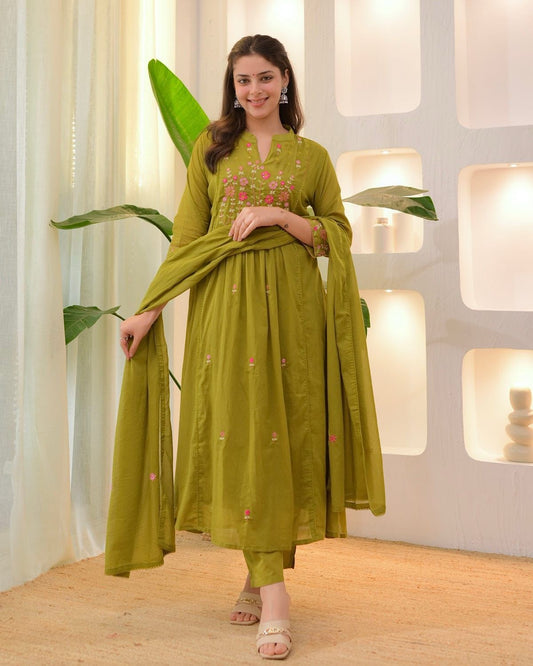 Olive Green Cotton Anarkali Suit Set with Floral Thread Embroidery – Daily & Festive Wear