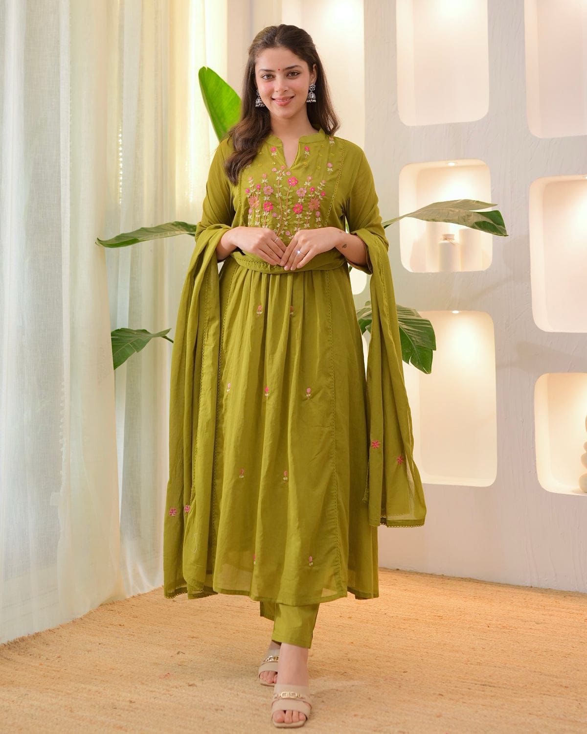 Olive Green Cotton Anarkali Suit Set with Floral Thread Embroidery – Daily & Festive Wear