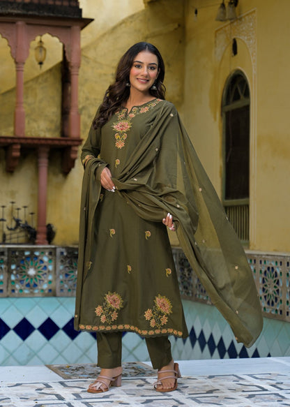 Olive Green Cotton Embroidered A-Line 3-Piece Suit Set – Festive & Daily Wear