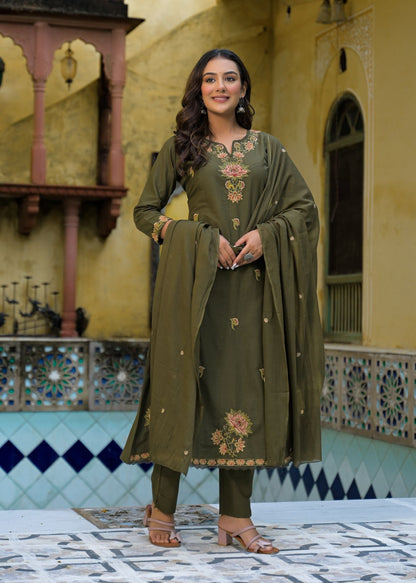 Olive Green Cotton Embroidered A-Line 3-Piece Suit Set – Festive & Daily Wear