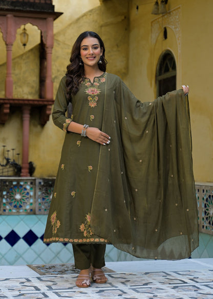Olive Green Cotton Embroidered A-Line 3-Piece Suit Set – Festive & Daily Wear