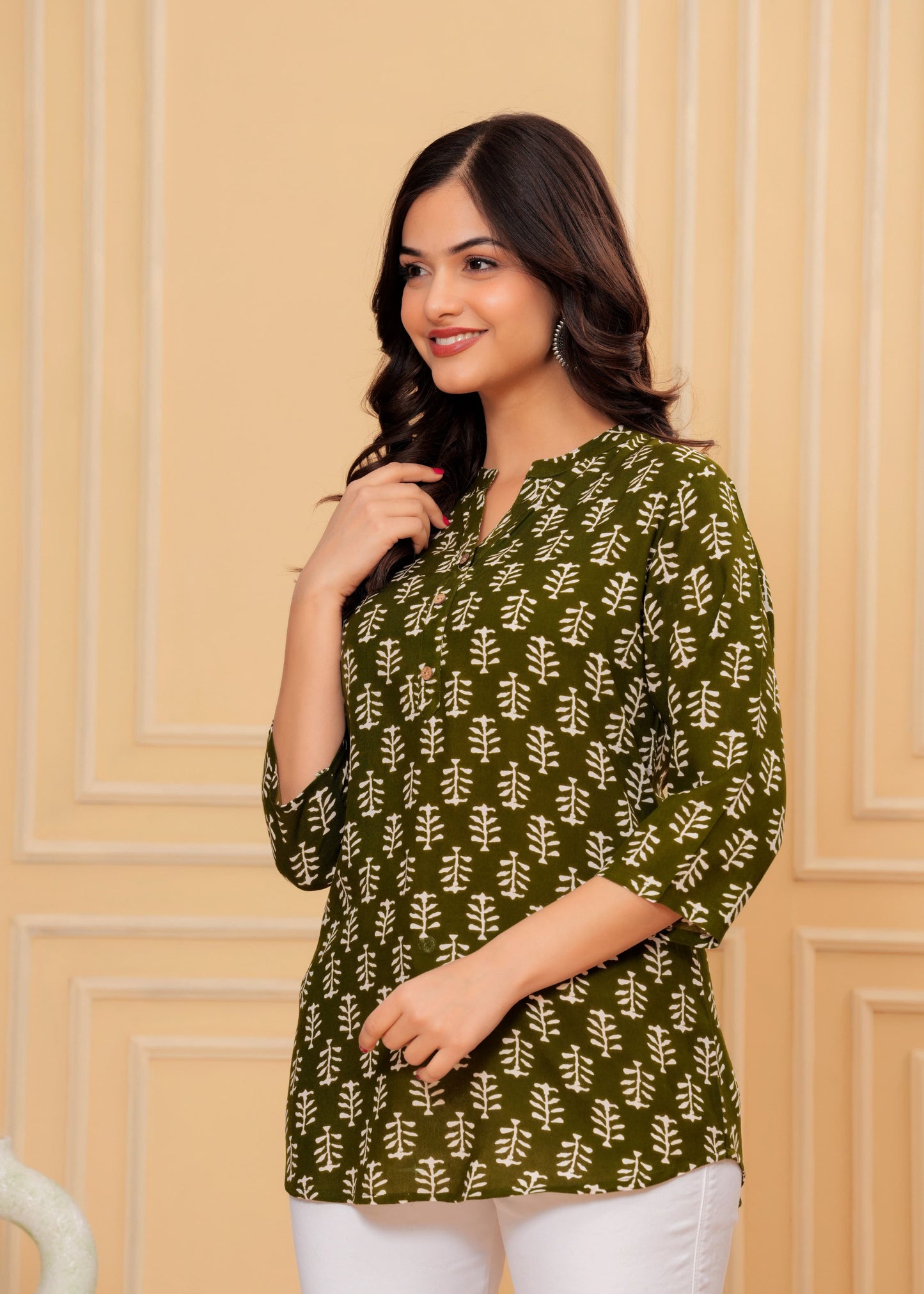 Olive Green Cotton Printed Top – Everyday & Office Wear
