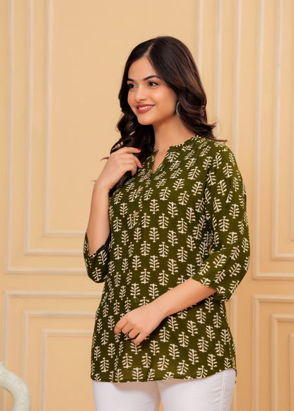 Olive Green Cotton Printed Top – Everyday & Office Wear