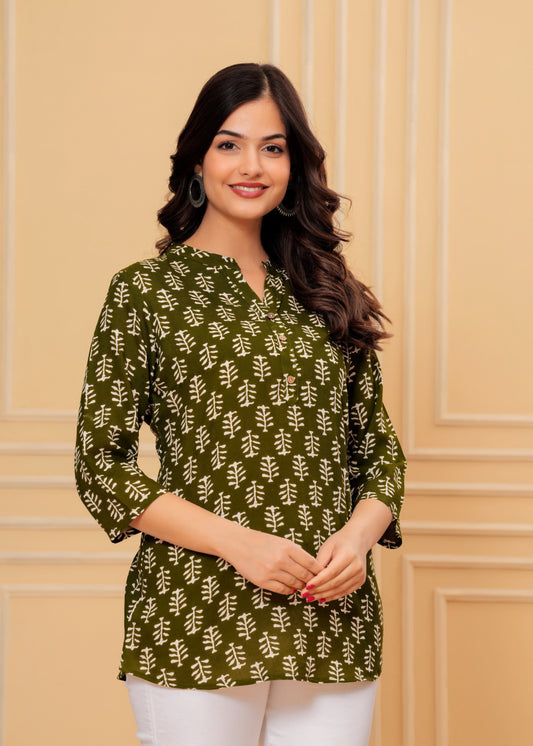 Olive Green Cotton Printed Top – Everyday & Office Wear