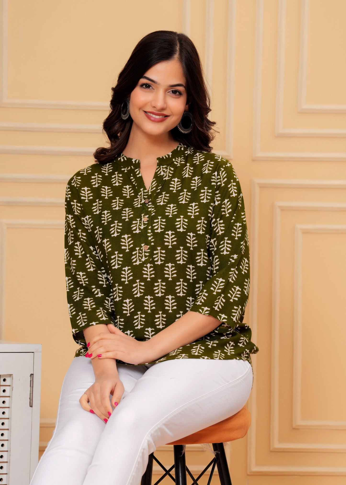 Olive Green Cotton Printed Top – Everyday & Office Wear