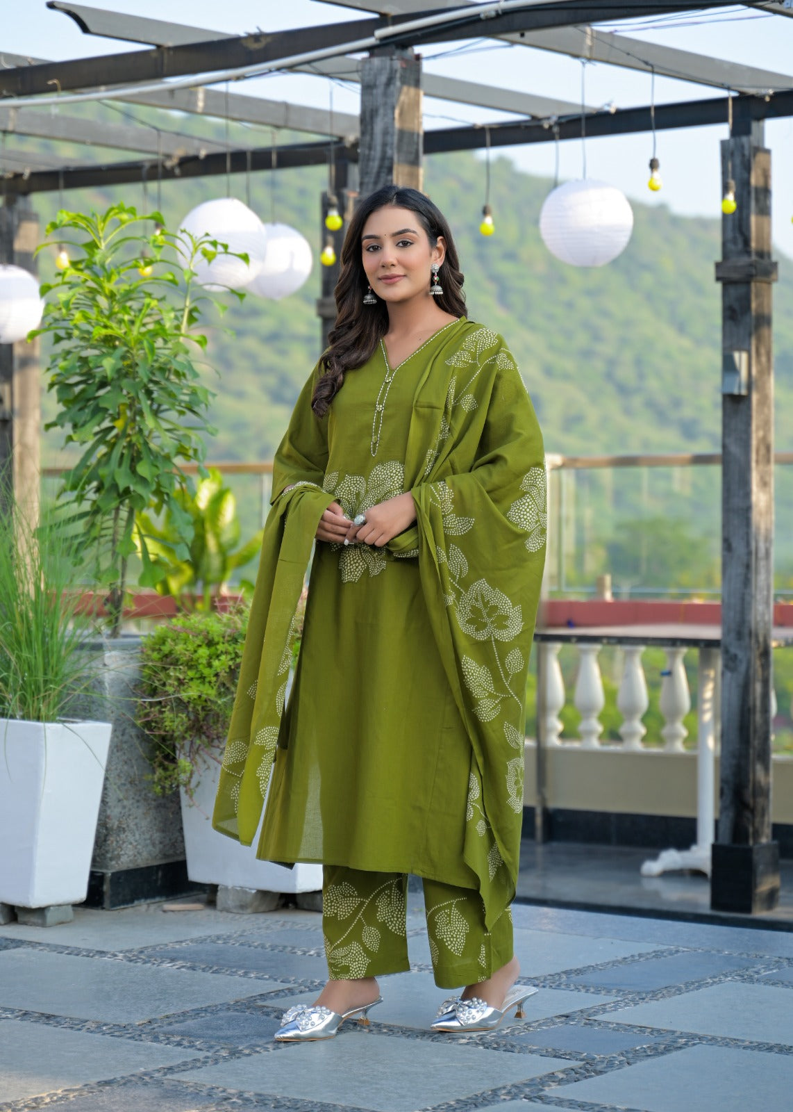 Olive Green Cotton Suit Set with Aplique Work – Elegant Daily Wear