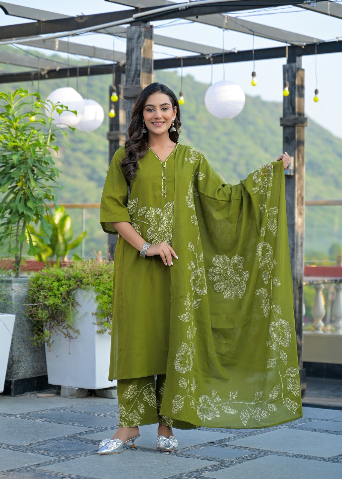 Olive Green Cotton Suit Set with Aplique Work – Elegant Daily Wear