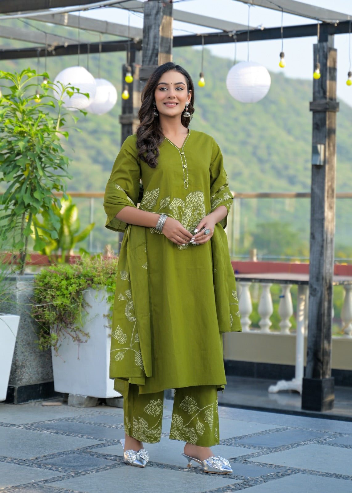 Olive Green Cotton Suit Set with Aplique Work – Elegant Daily Wear