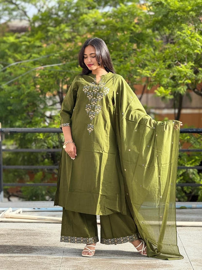 Olive Green Cotton Suit Set with Geometric Thread Work – Daily & Festive Wear