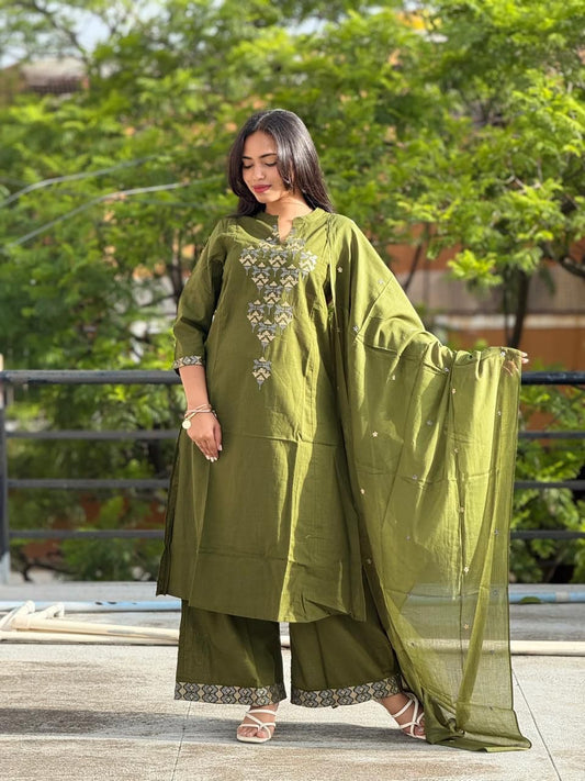 Olive Green Cotton Suit Set with Geometric Thread Work – Daily & Festive Wear