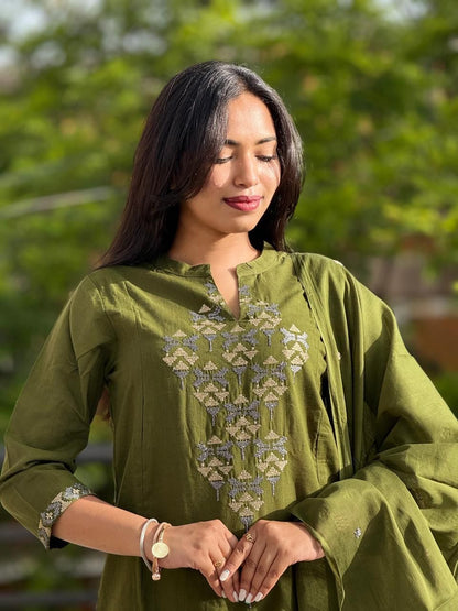 Olive Green Cotton Suit Set with Geometric Thread Work – Daily & Festive Wear