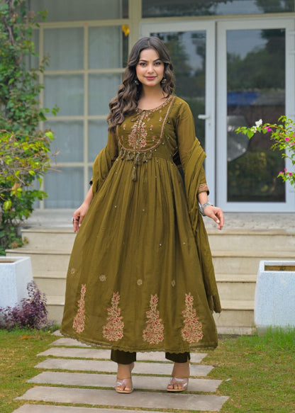 Olive Green Mul Cotton Embroidered Anarkali Suit Set