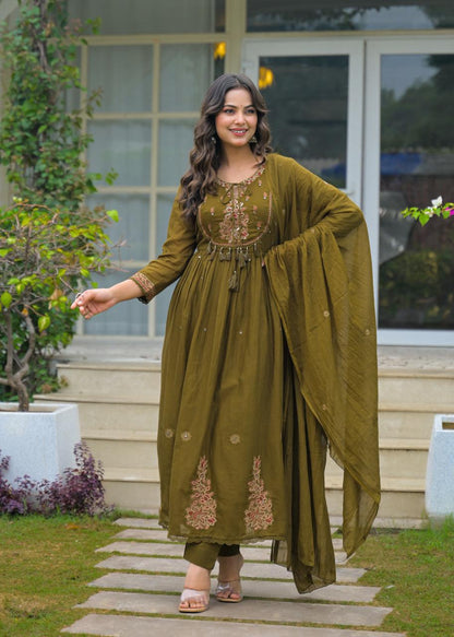 Olive Green Mul Cotton Embroidered Anarkali Suit Set