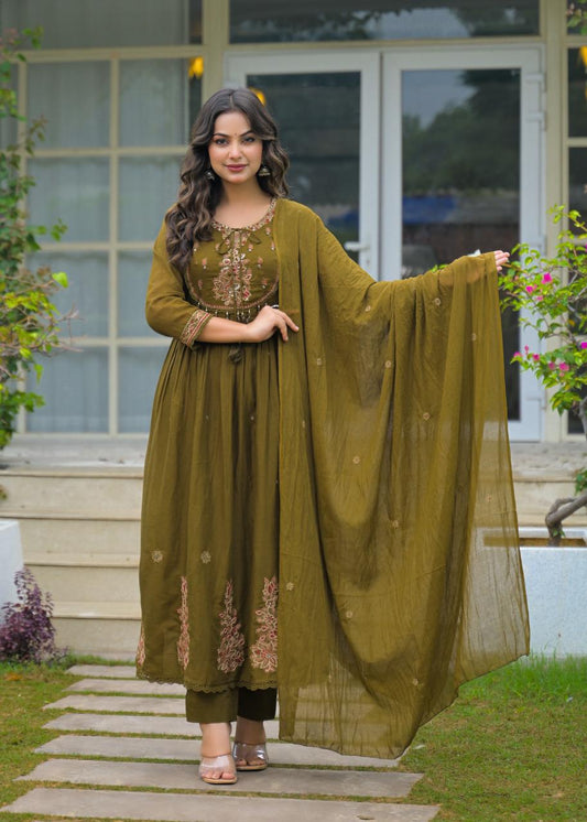 Olive Green Mul Cotton Embroidered Anarkali Suit Set