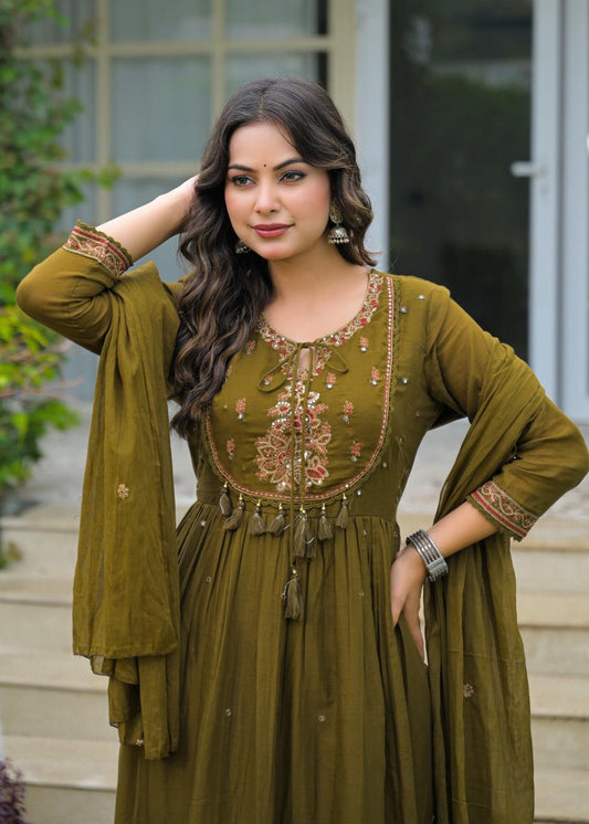 Olive Green Mul Cotton Embroidered Anarkali Suit Set