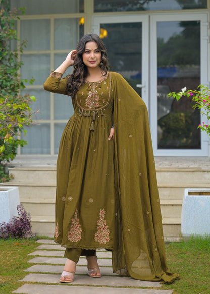 Olive Green Mul Cotton Embroidered Anarkali Suit Set