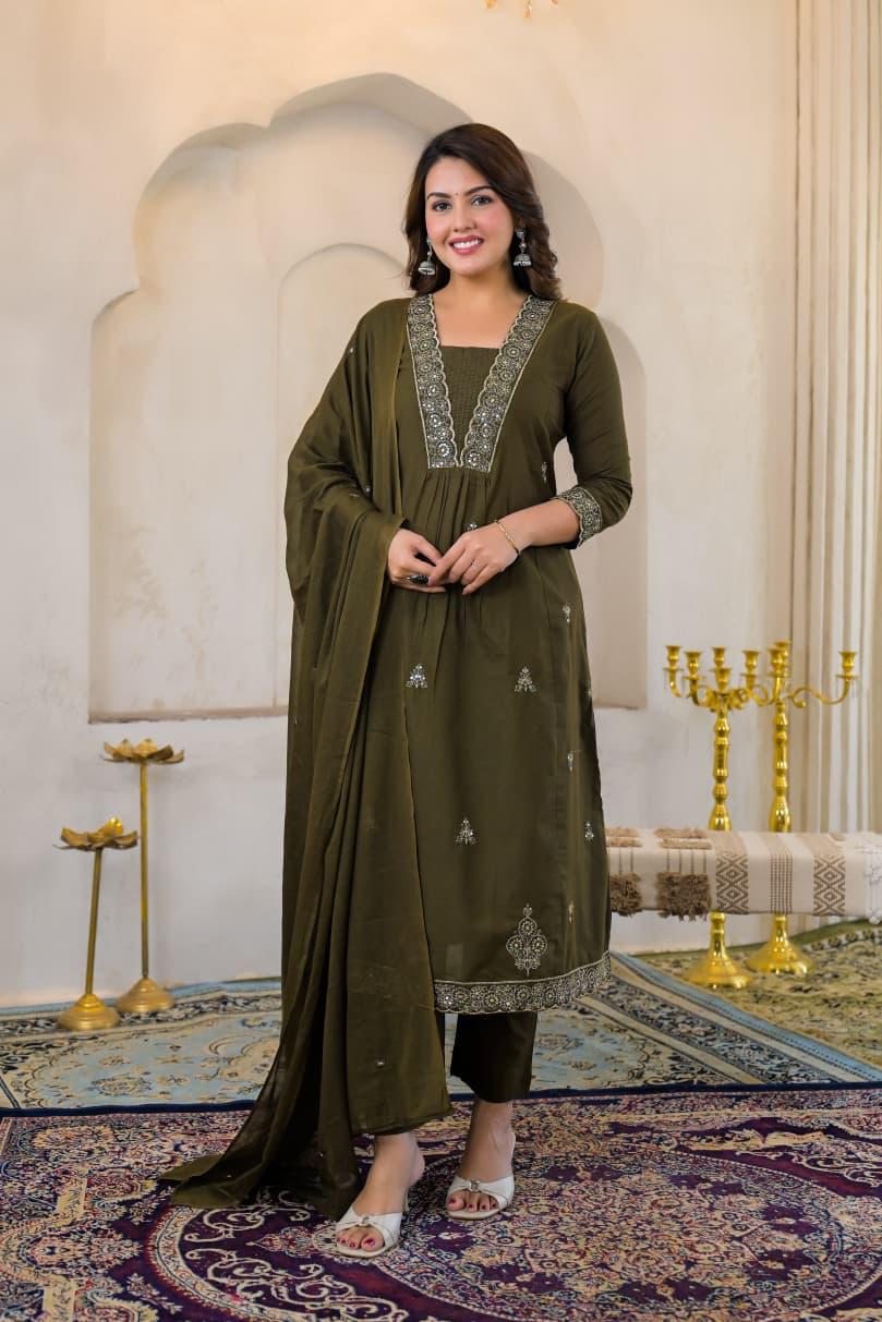 Olive Green Premium Cotton Embroidered Anarkali Suit Set – Festive Wear