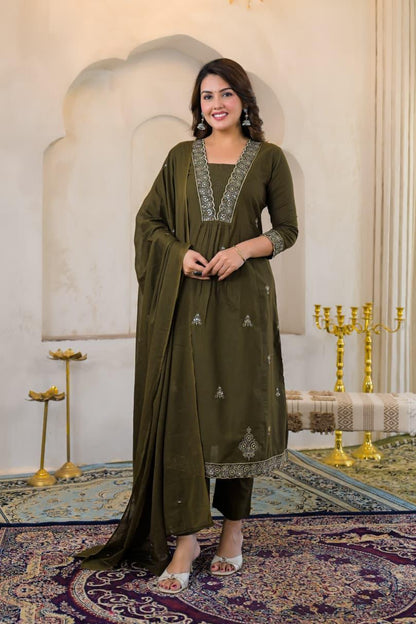 Olive Green Premium Cotton Embroidered Anarkali Suit Set – Festive Wear