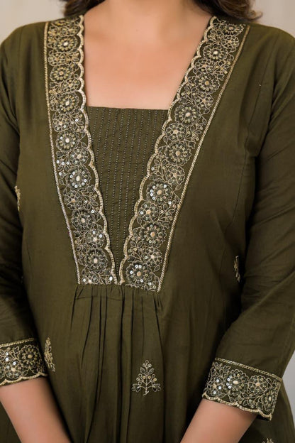 Olive Green Premium Cotton Embroidered Anarkali Suit Set – Festive Wear