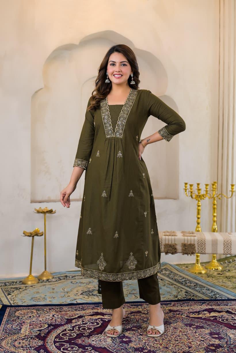 Olive Green Premium Cotton Embroidered Anarkali Suit Set – Festive Wear