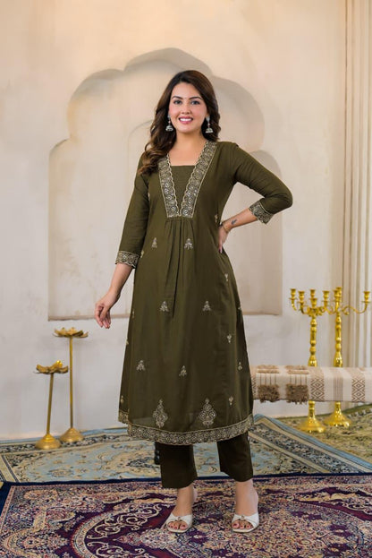 Olive Green Premium Cotton Embroidered Anarkali Suit Set – Festive Wear