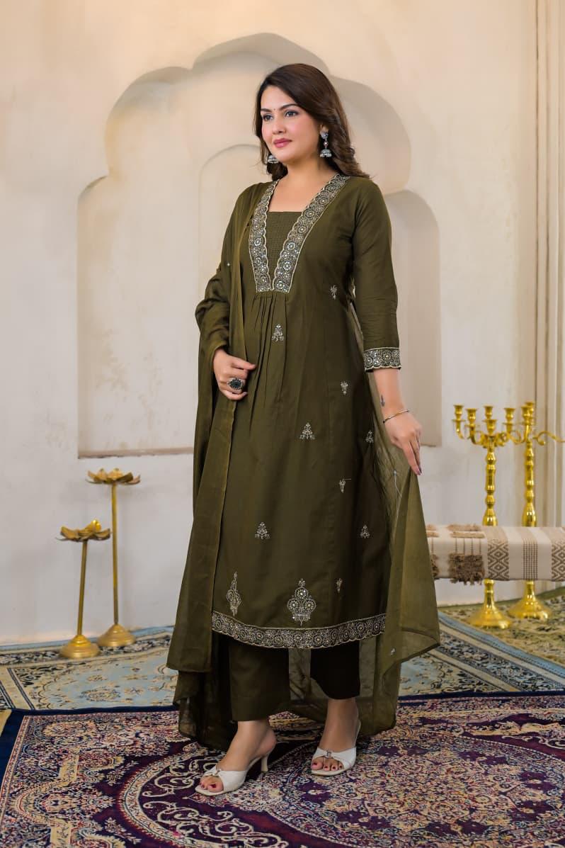 Olive Green Premium Cotton Embroidered Anarkali Suit Set – Festive Wear