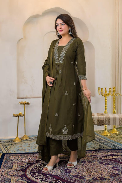 Olive Green Premium Cotton Embroidered Anarkali Suit Set – Festive Wear