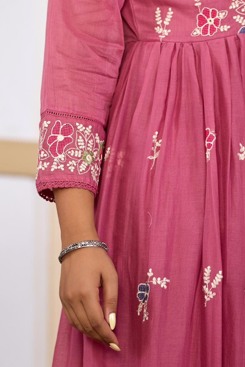 Onion Pink Mul Cotton Embroidered Gown Set with Dupatta – Festive & Party Wear