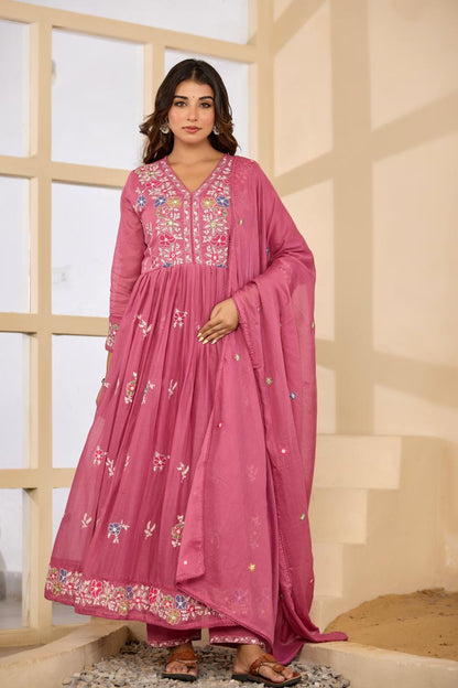 Onion Pink Mul Cotton Embroidered Gown Set with Dupatta – Festive & Party Wear