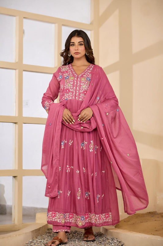 Onion Pink Mul Cotton Embroidered Gown Set with Dupatta – Festive & Party Wear