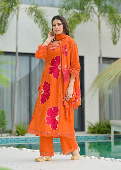 Orange Pure Cotton Kurta Set with Bold Applique Work – Festive & Casual Wear