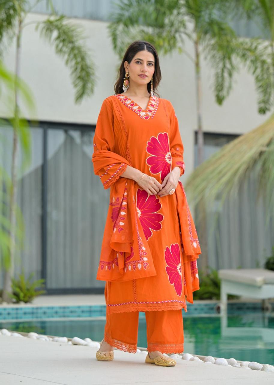 Orange Pure Cotton Kurta Set with Bold Applique Work – Festive & Casual Wear