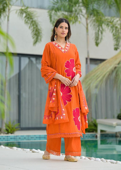 Orange Pure Cotton Kurta Set with Bold Applique Work – Festive & Casual Wear