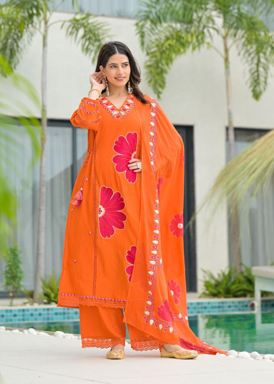 Orange Pure Cotton Kurta Set with Bold Applique Work – Festive & Casual Wear