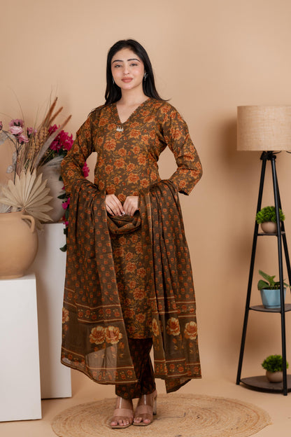 Olive Brown Jaipuri Cotton A-Line Suit Set - Daily & Ethnic Wear