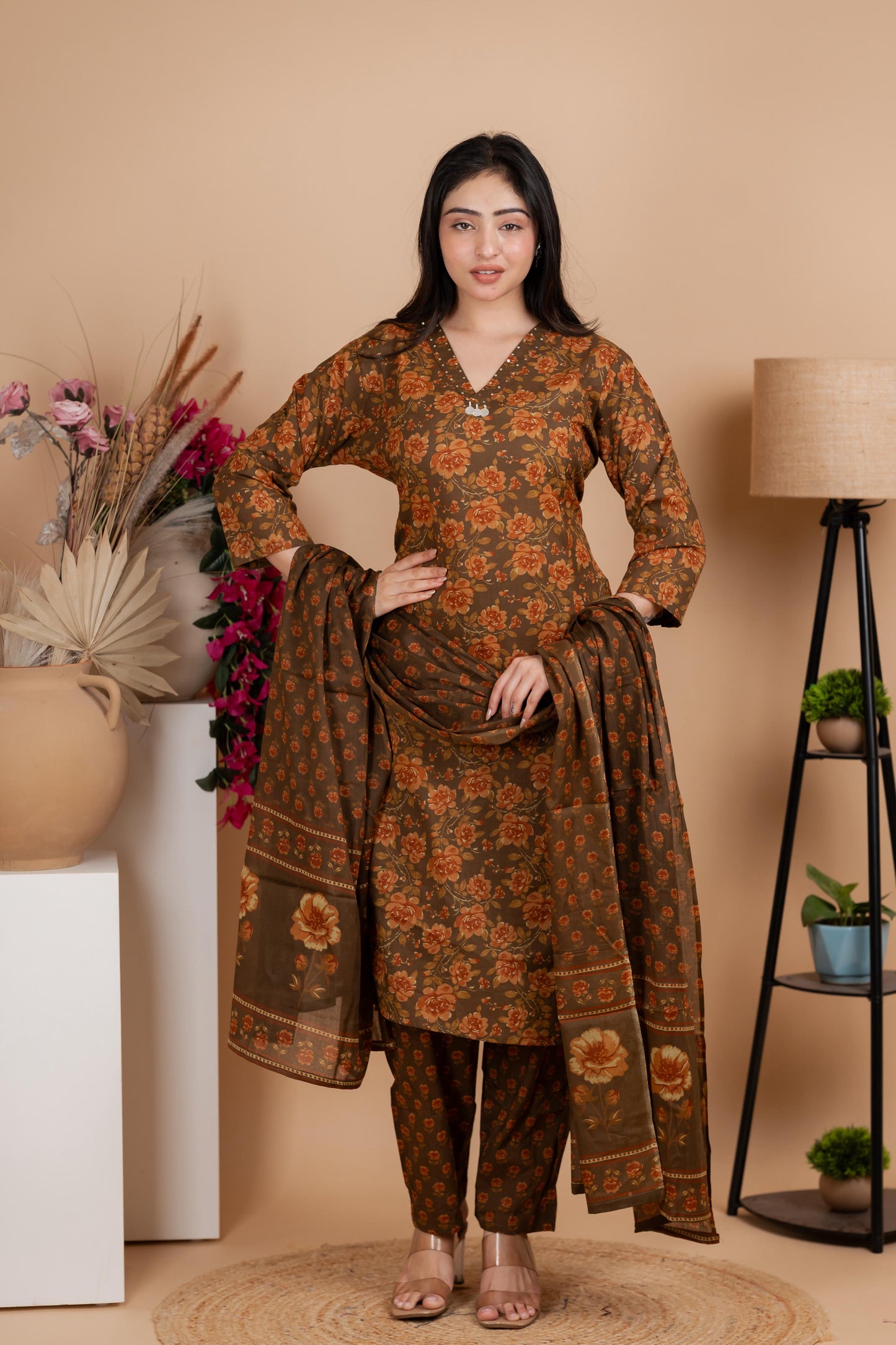 Olive Brown Jaipuri Cotton A-Line Suit Set - Daily & Ethnic Wear