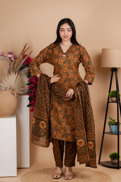 Olive Brown Jaipuri Cotton A-Line Suit Set - Daily & Ethnic Wear