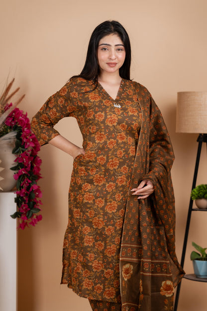 Olive Brown Jaipuri Cotton A-Line Suit Set - Daily & Ethnic Wear
