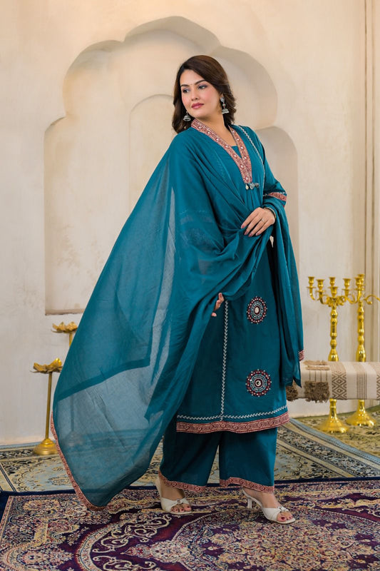 Peacock Blue Cotton Embroidered A-Line Suit Set with Lining & Pocket – Festive Wear