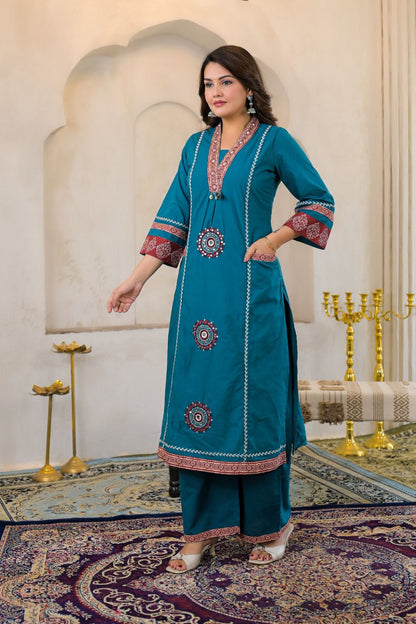 Peacock Blue Cotton Embroidered A-Line Suit Set with Lining & Pocket – Festive Wear