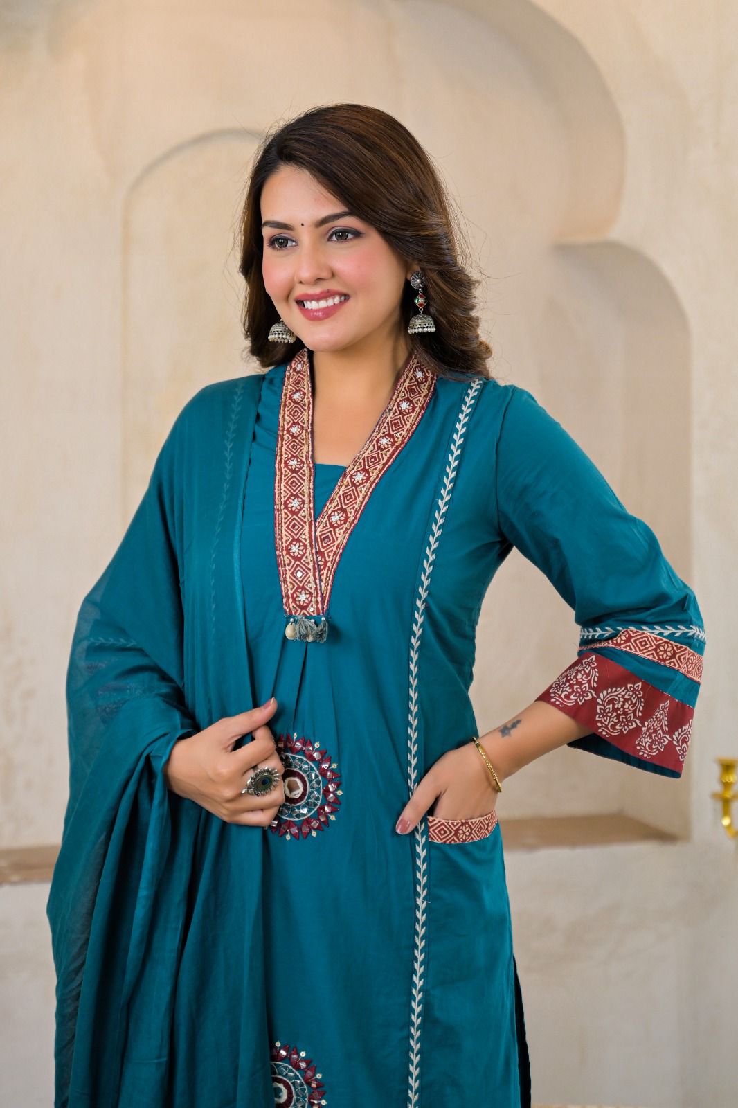 Peacock Blue Cotton Embroidered A-Line Suit Set with Lining & Pocket – Festive Wear