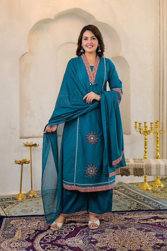 Peacock Blue Cotton Embroidered A-Line Suit Set with Lining & Pocket – Festive Wear