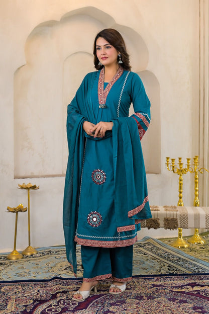 Peacock Blue Cotton Embroidered A-Line Suit Set with Lining & Pocket – Festive Wear